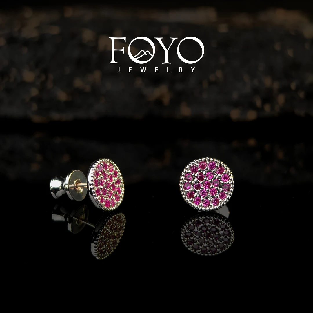 1401★几何圆形红x刚x玉x满镶耳钉 10mm