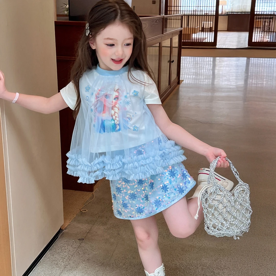 栀了成长记童装女童爱莎套装儿童宝宝洋气烫钻网纱T恤亮片半身裙