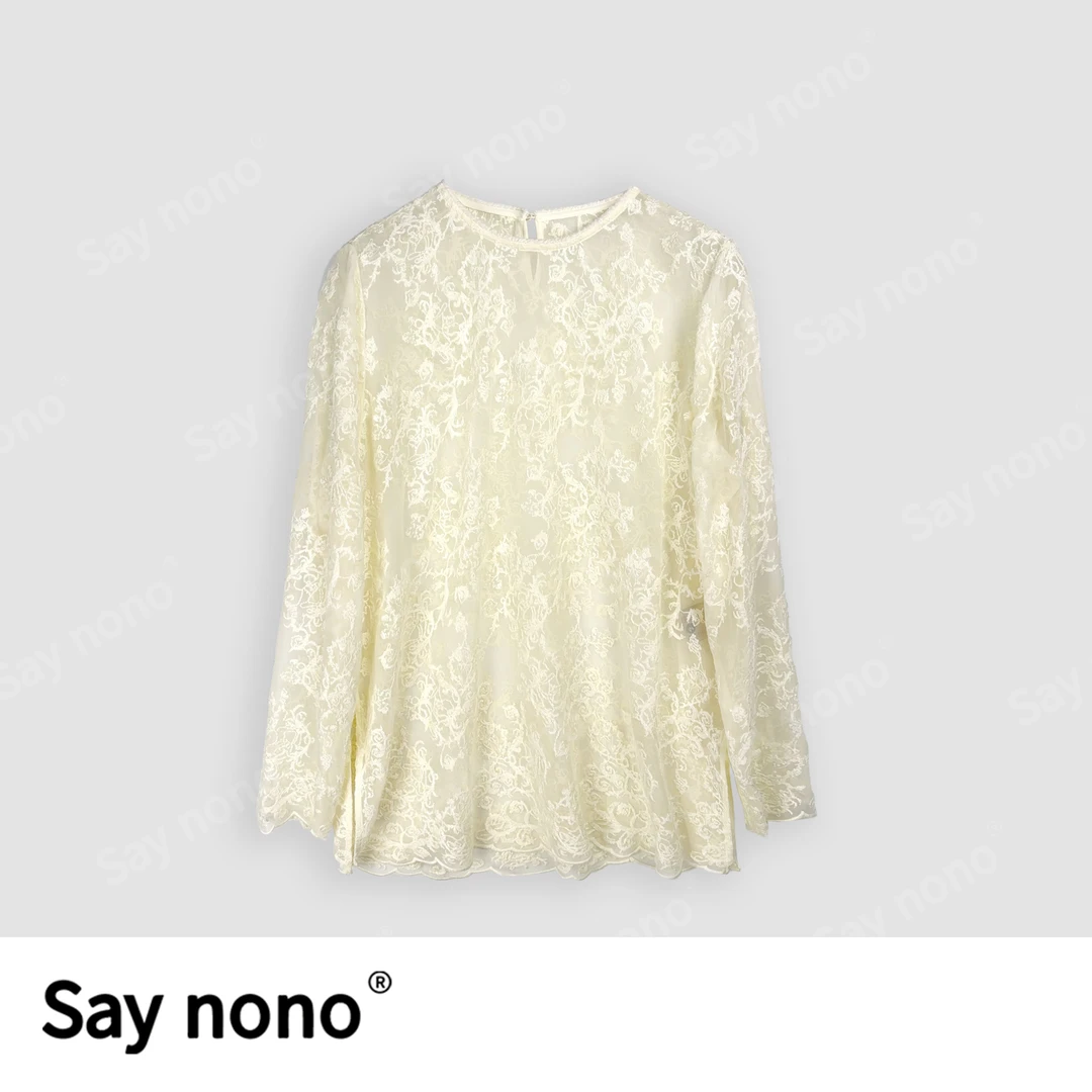 懒猫nono│Saynono春季新款圆领百搭刺绣轻薄微透时尚衬衫H25081X