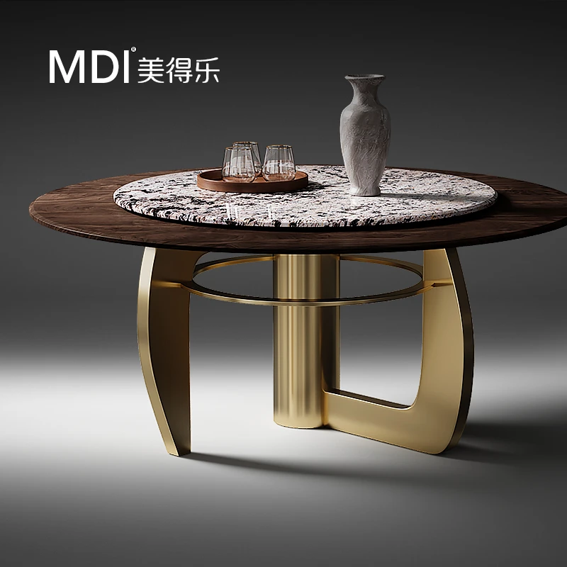 美得乐轻奢奢石餐桌高端别墅酒店意式进口旋转饭桌家用餐桌圆桌