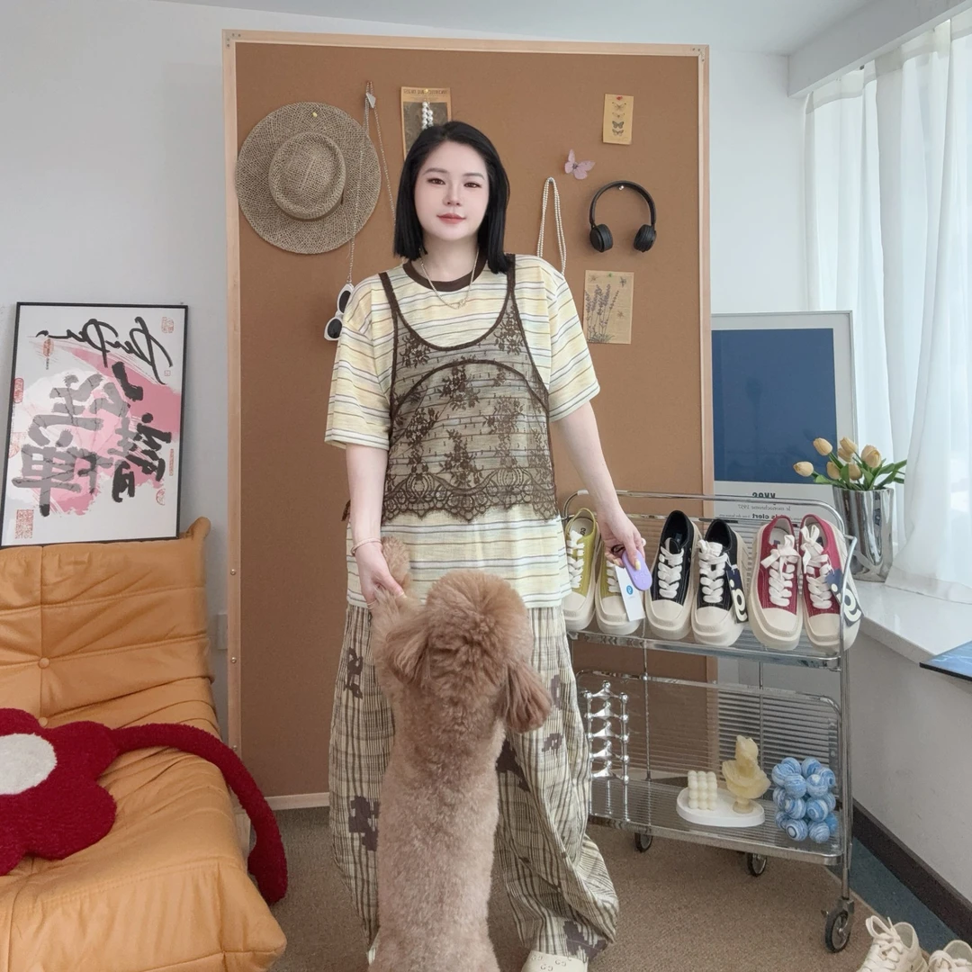 OooF!Yang 2025夏季新款条纹假两件T恤