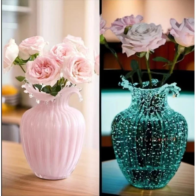 网红夜光荧光花瓶玻璃粉色插花玫瑰鲜花客厅餐桌摆件花器花瓶