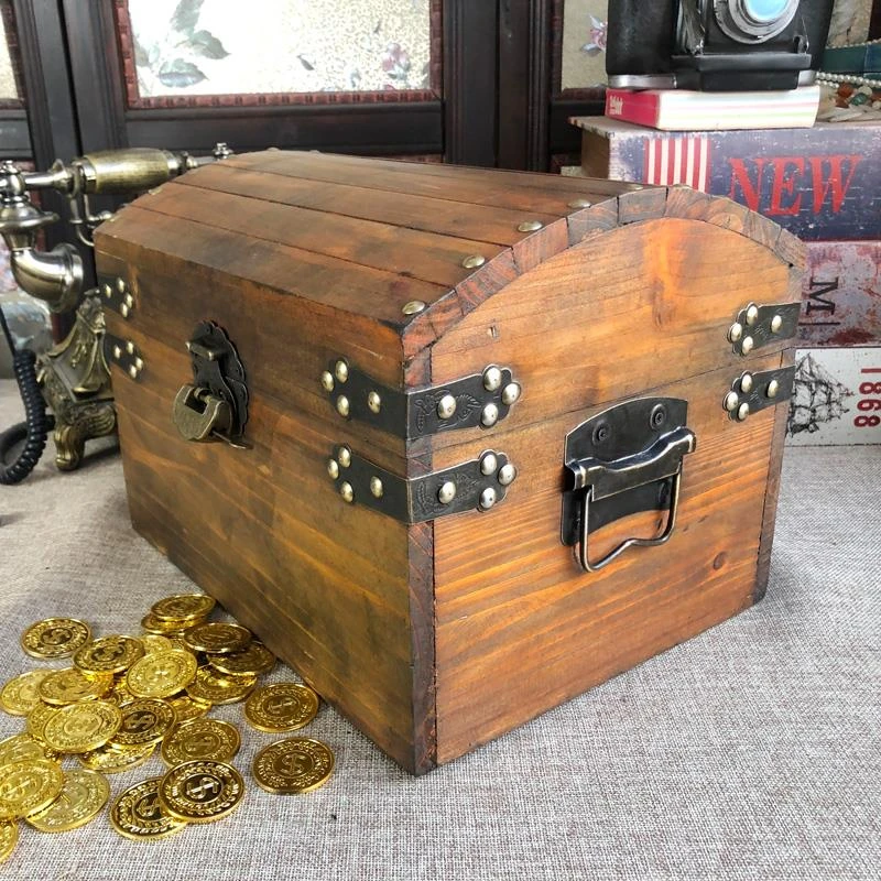 实木海盗藏宝箱复古风箱子纪念品证件收纳装饰道具老式箱子配锁