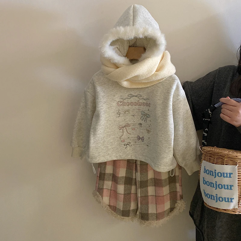 ZZXP129甜美蝴蝶结连帽加绒卫衣2024秋冬新款毛边加绒格子裤套装