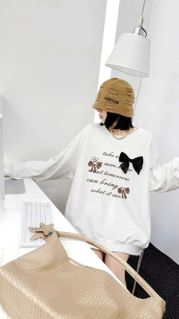（363秋）长袖圆领中长款女休闲风拼接胸前蝴蝶结韩版宽松薄款