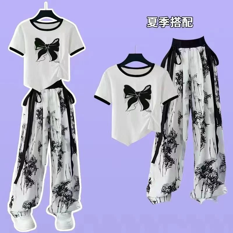 FAVMARTHA女童t恤短袖套装2025夏季新款中大童国风半袖水墨冰丝裤