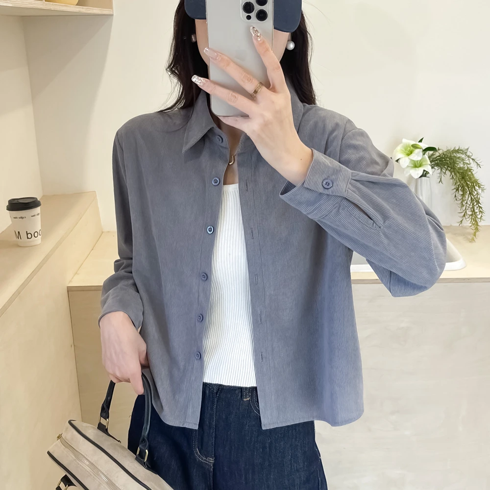 初秋洋气休闲灯芯绒polo衬衫女内搭纯色磨毛坑条衬衣宽松上衣外穿