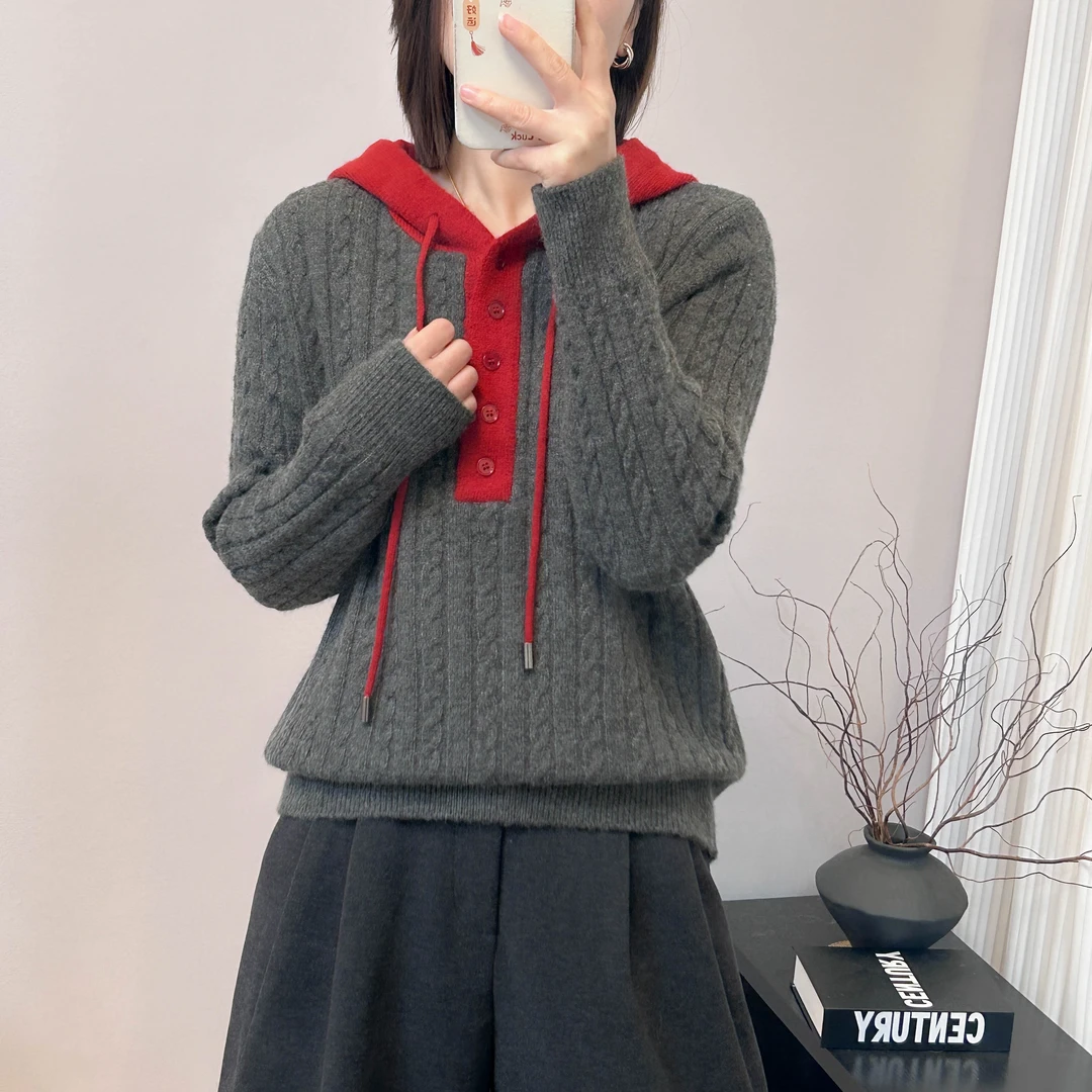 麻花撞色小红帽连帽针织打底衫秋冬季新款宽松韩版加厚毛衣内搭女