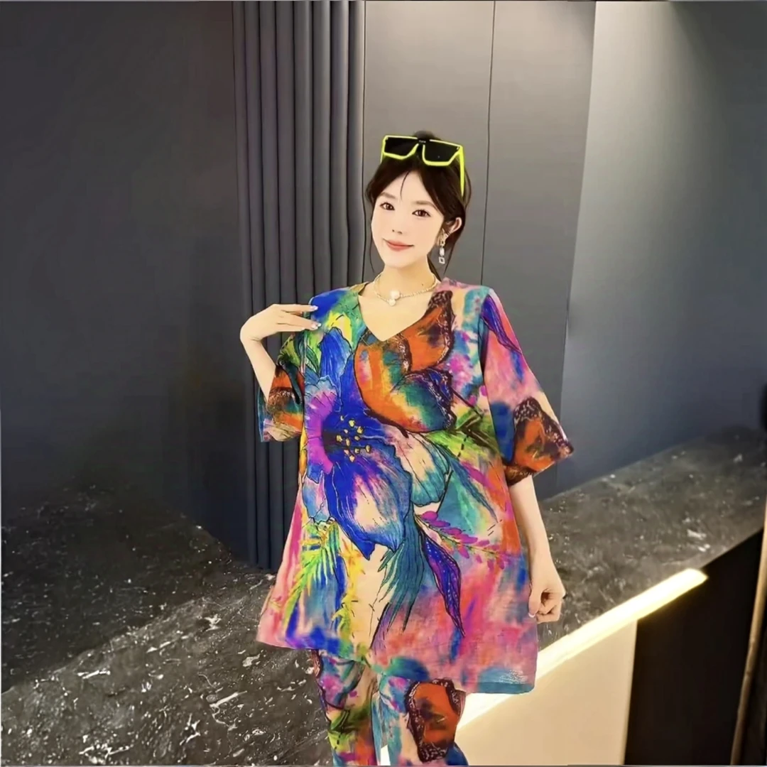 2025夏季新款胖MM大码复古印花时尚花色宽松裤子休闲大衫两件套装
