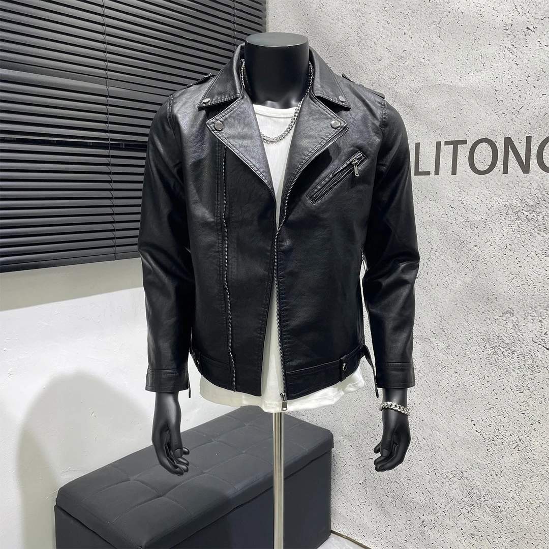 春秋短款修身皮衣男士潮流帅气机车外套青年金属风派克服夹克男装