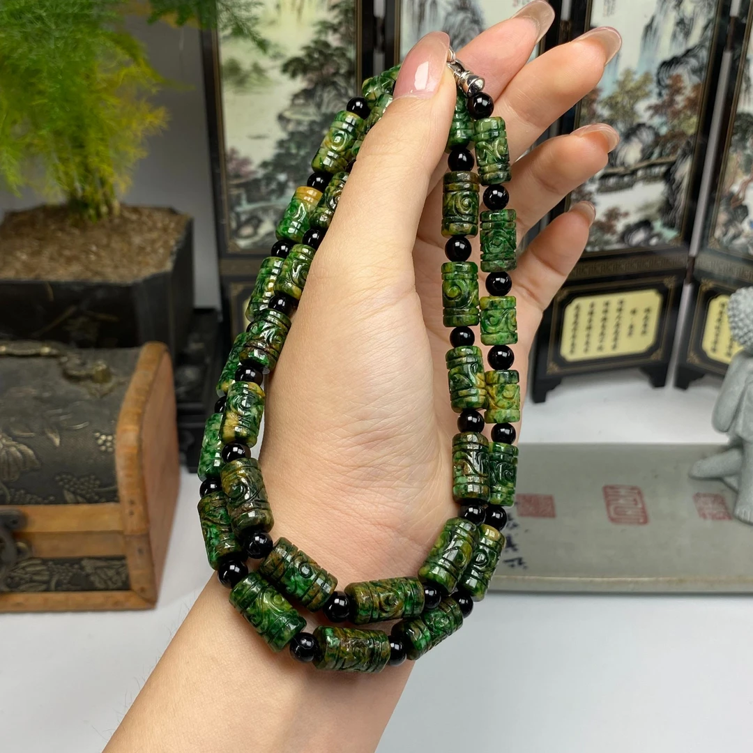 老料黄加绿雕花路路通项链 天然翡翠A货