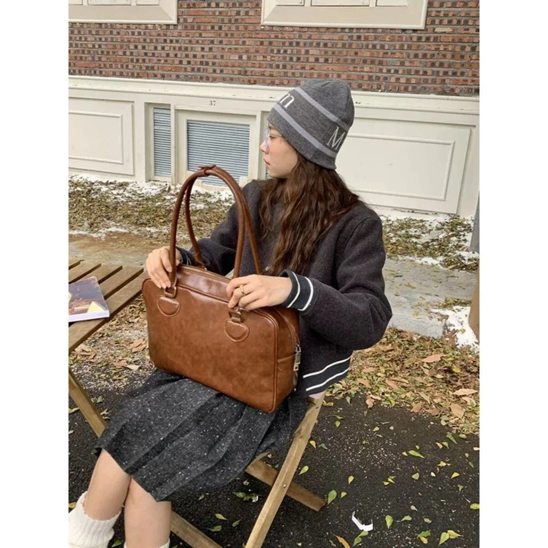 大容量公文包包女士2025新款韩国ins复古小众单肩手提通勤托特包