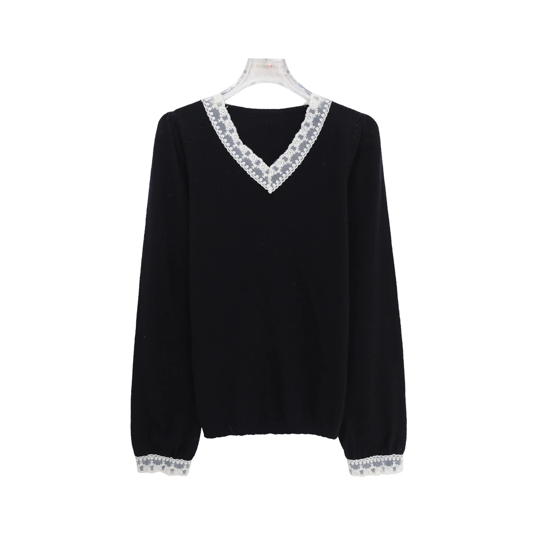 韩系蕾丝拼接V领毛衣新款气质显瘦软糯毛针织衫K24372