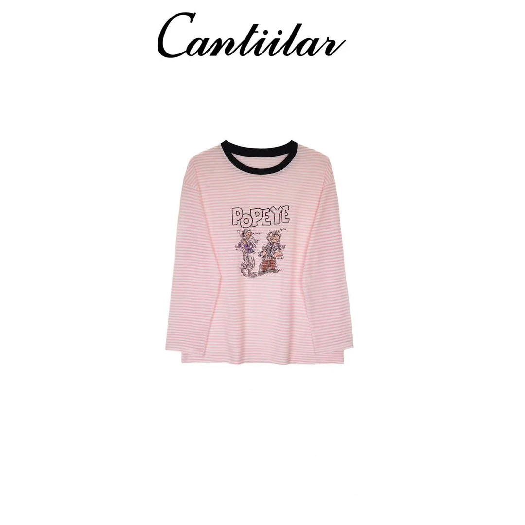 CANTIILAR “水手防晒T”夏季薄款宽松长袖防晒条纹t    240810