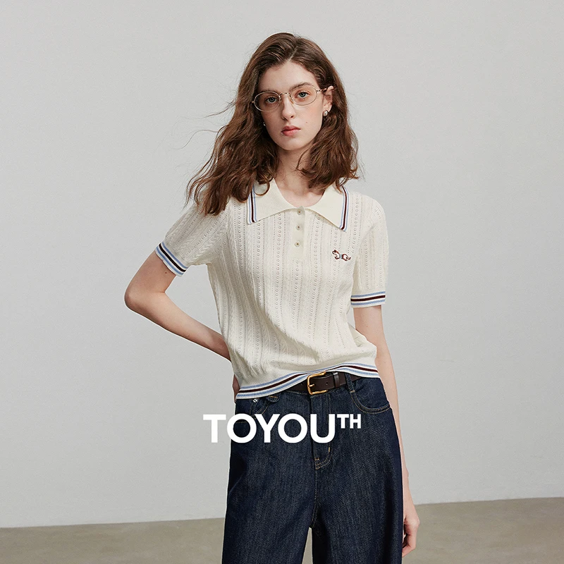 【618狂欢购】初语撞色条纹POLO衫女2025夏季绞花肌理轻运动针织衫