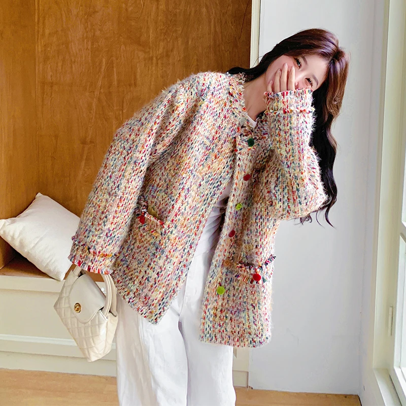 YIRAN/奕冉彩色小香风外套女2025春秋新款名媛韩系氛围感彩扣开衫