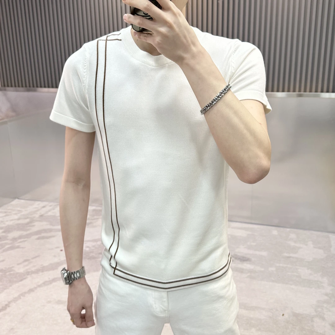 线条设计感白色薄款针织男士T恤潮牌圆领半袖毛衣男春夏季打底衫
