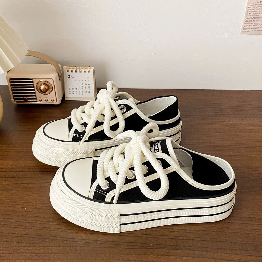 配裙子厚底两穿帆布鞋女2025春夏新款复古百搭小众一脚蹬半拖板鞋