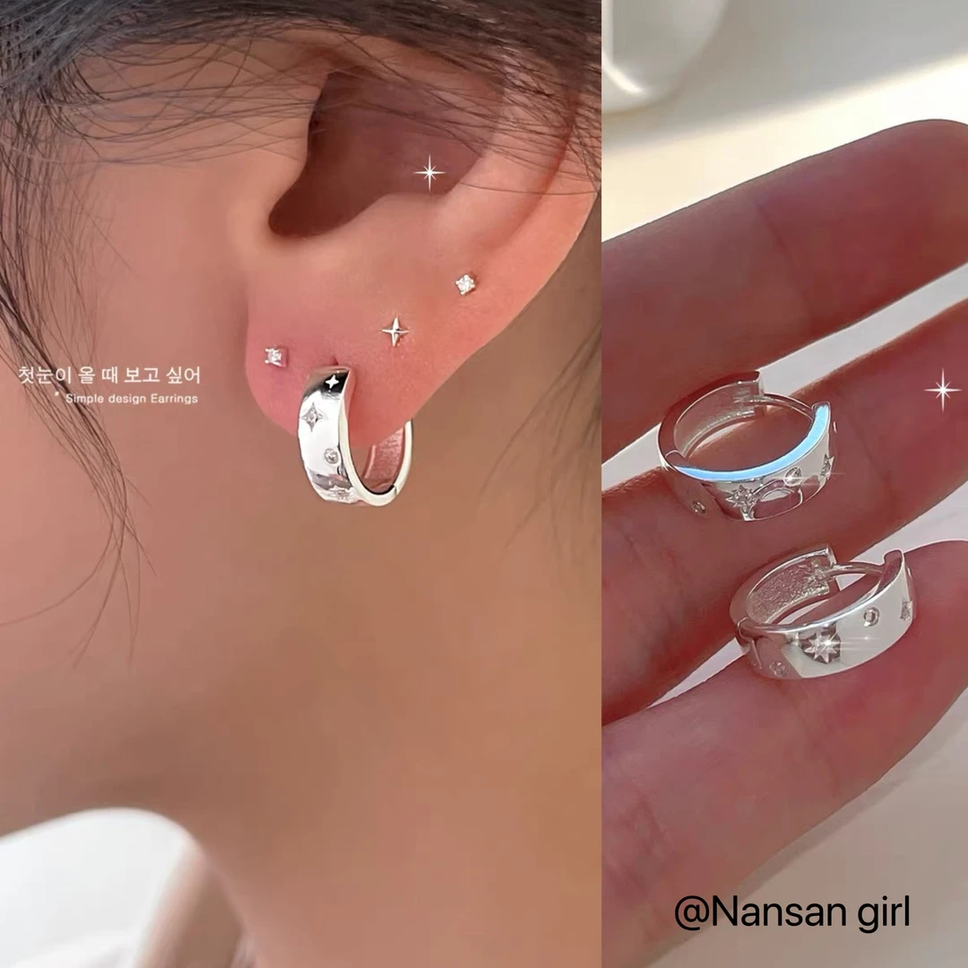 铜合金锆石耳饰 925银针星星点缀耳环圈圈气质耳钉女耳圈耳扣耳饰