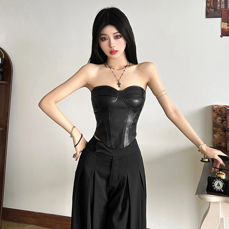 酷飒拽姐风个性黑色皮抹胸背心夏季短款女显瘦收腰不规则辣妹上衣