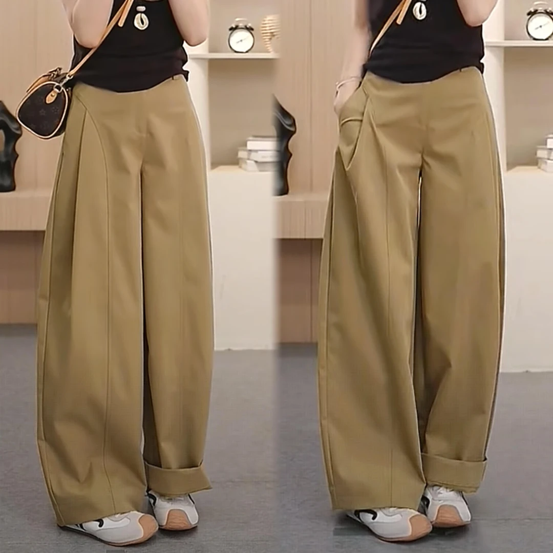 今年流行侧压褶阔腿裤女秋季2025新款高腰宽松遮胯洋气直筒气球裤