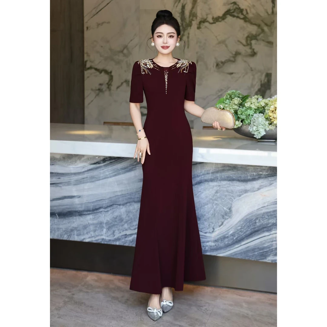 法式女装重工订钻优雅喜妈妈婚礼宴会礼服长裙修身鱼尾晚装连衣裙