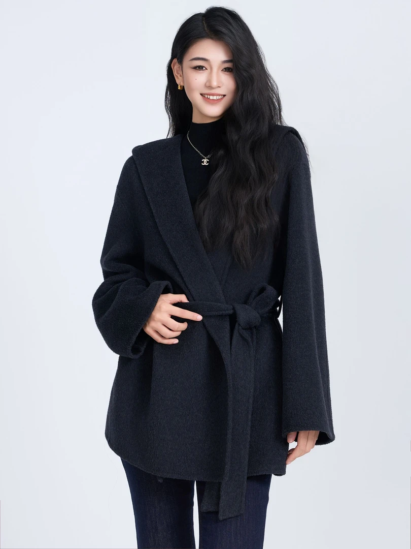 ZHENXI【芬兰手工大衣】高个子穿搭毛呢外套女款连帽大衣25QDFF0644