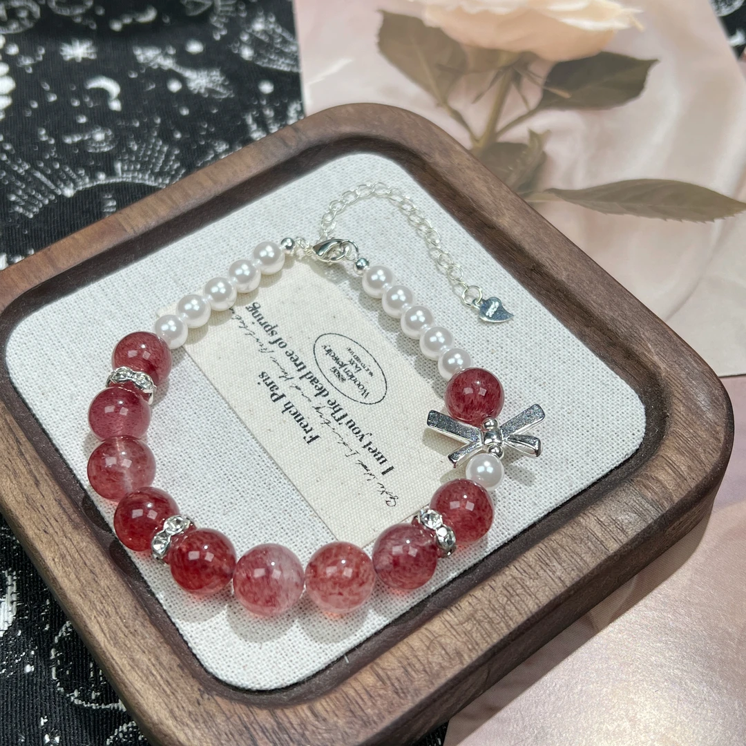 【桃之夭夭】草莓晶蝴蝶结天然水晶手串手链