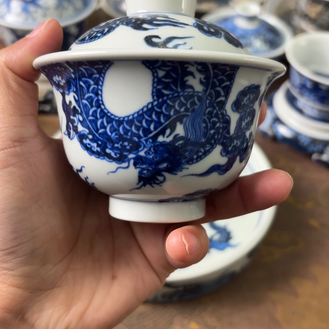 摆件陶瓷景德镇手绘茶器双龙盖碗