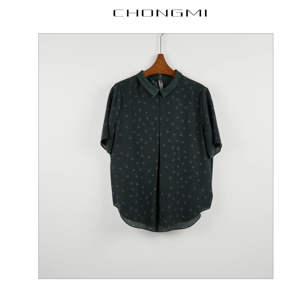 【双绉真丝】墨绿色短袖印花衬衫女2025夏季新款时尚休闲气质上衣W