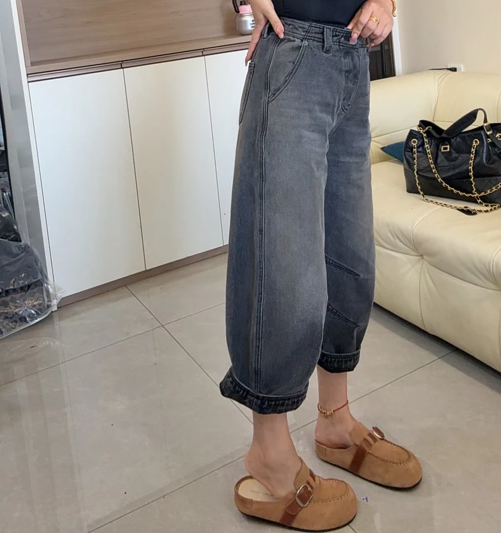 魏佳推荐-复古风九分直筒高腰牛仔裤窄版阔腿百搭宽松显瘦93357-1