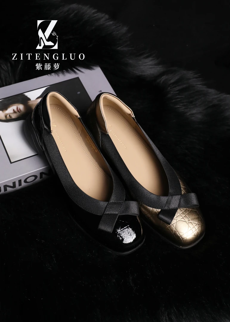 ZiTengLuo/25年早秋金属压花漆皮浅口纯皮女瓢鞋2343-8单鞋