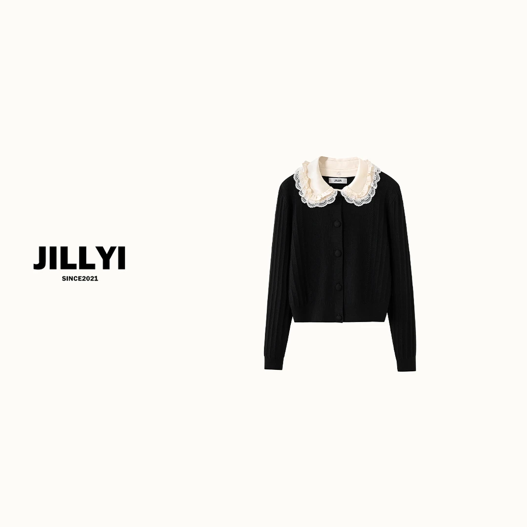 jillyi【秋季诗歌】黑色花瓣蕾丝领轻奢时尚针织衫秋季气质百搭