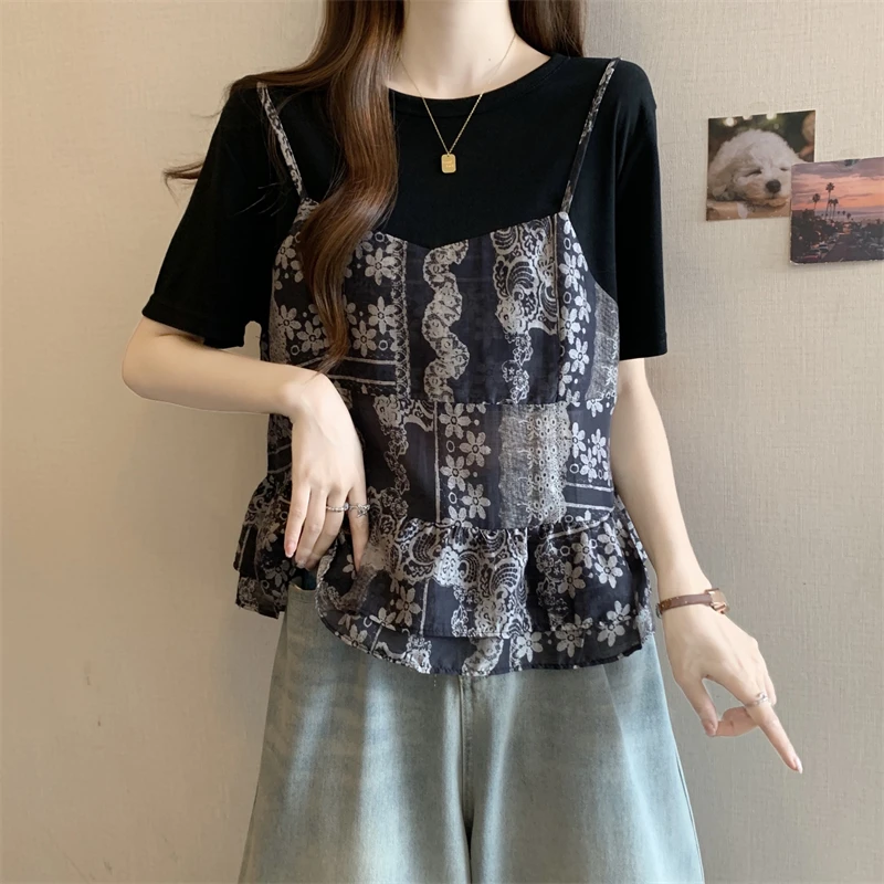 大码微胖MM2025夏季法式假两件正肩短袖打底衫遮肚子T恤宽松上衣