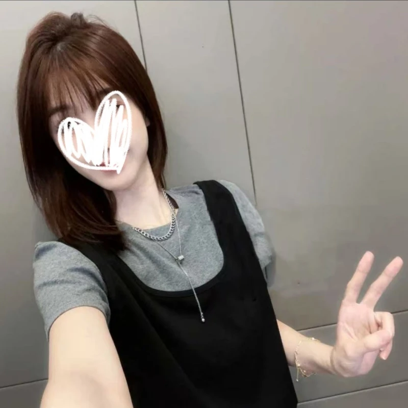 艺等2025年夏季新款韩版简约假两件短袖T恤女修身显瘦百搭上衣