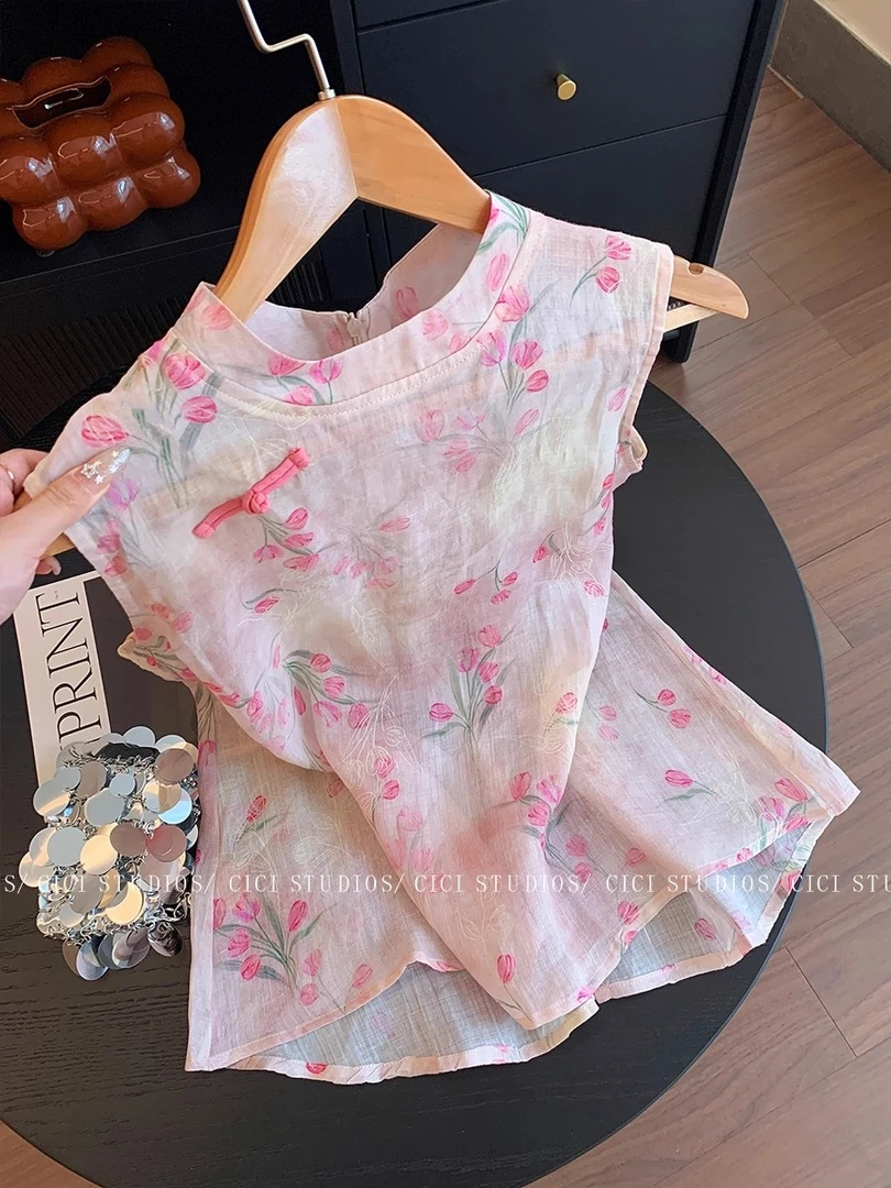 粉色新中式提花立领无袖衬衫女2025夏季新款气质绝美轻薄显瘦背心