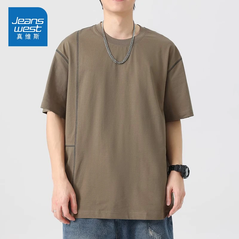 Jeanswest/真维斯美式潮牌短袖T恤男士夏季薄款宽松圆领车线上衣