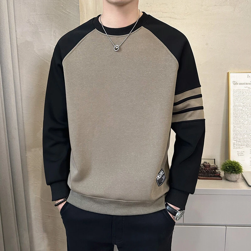 2025春季新款男士圆领卫衣插肩袖几何拼接不缩水拼色上衣打底衫