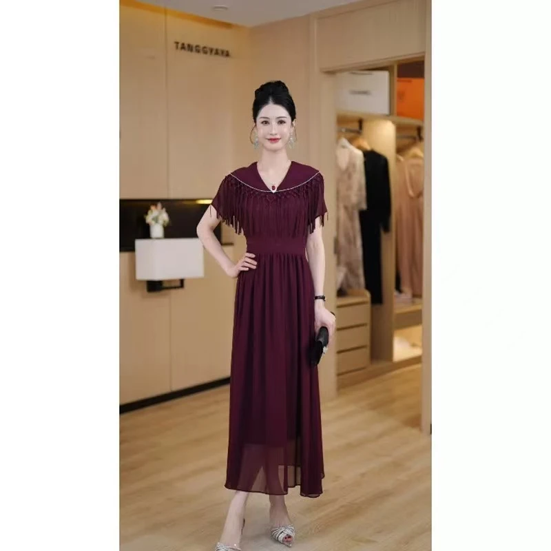 2025年夏款法式风气质收腰显瘦显高中长款女a10-18酒红色