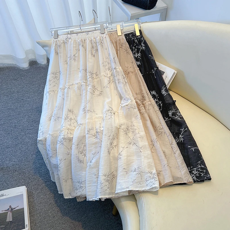 La Chapelle/拉夏贝尔大码新中式国风复古竹叶荷叶边半身中长裙