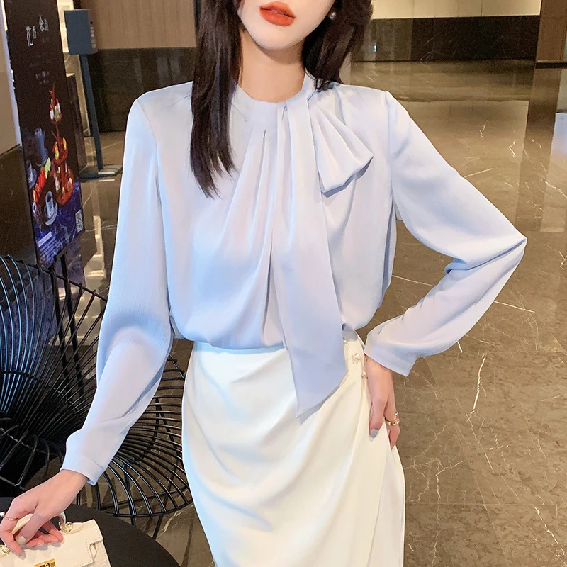 2025秋季新款韩版百搭立领长袖缎面衬衫女装修身显瘦洋气上衣小衫