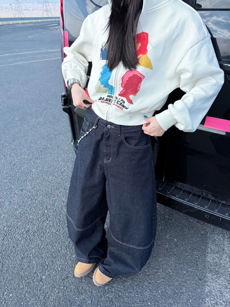 杨九七 美式复古原色廓形牛仔裤秋冬中性宽松撞色休闲裤长裤 7941