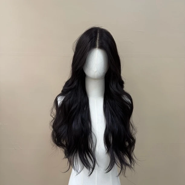 飞机专属纯黑色塔罗春之女神68厘米小水波纹蕾丝假发