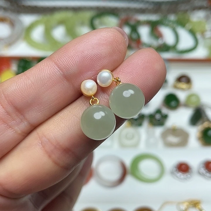 和田玉银S925镶嵌耳饰颜色多样性发货