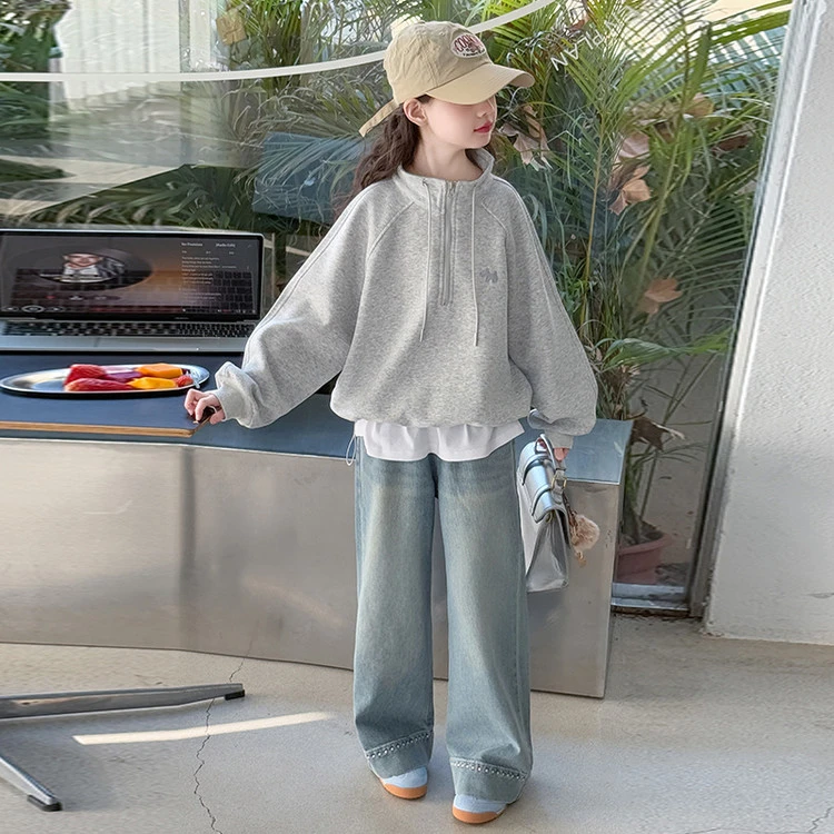 儿童套装女孩潮款6-12岁女童秋装中大童卫衣牛仔裤洋气时髦假两件