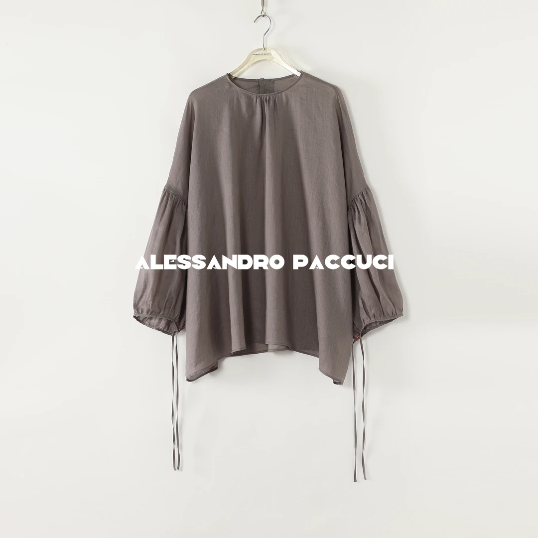 AP洛哥52034UX【屿轻】100苎麻系带袖撞色设计时尚百搭小衫 夏季