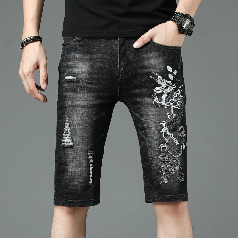 夏季男士牛仔裤短裤复古黄龙图腾重工刺绣破洞弹力修身五分裤男