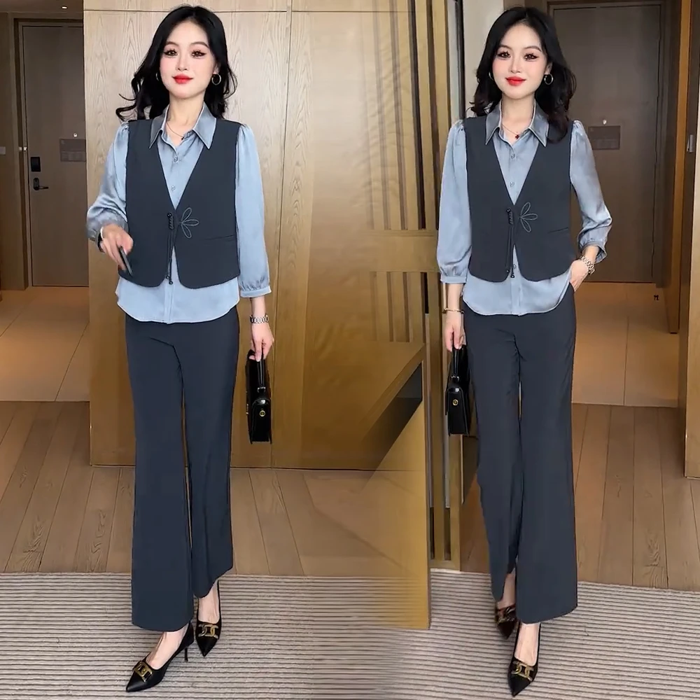 时尚套装女2025春秋新款洋气减龄显瘦假两件马甲衬衫阔腿裤两件套