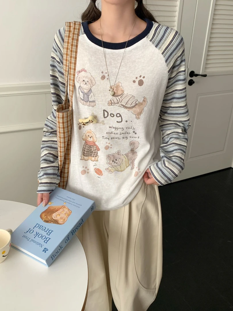 韩版原单面料东大门高订长袖小鹿家秋日小狗25316