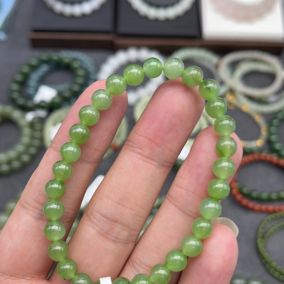 和田玉未镶嵌手串卡6碧玉苹果绿